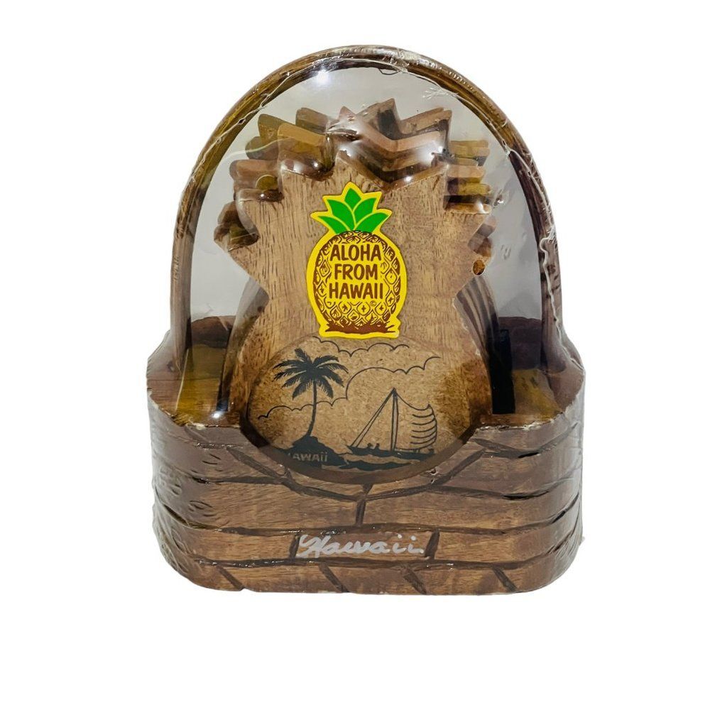 NWT Vintage Aloha From Hawaii Pineapple Shaped Palm Boat Tiki Coasters